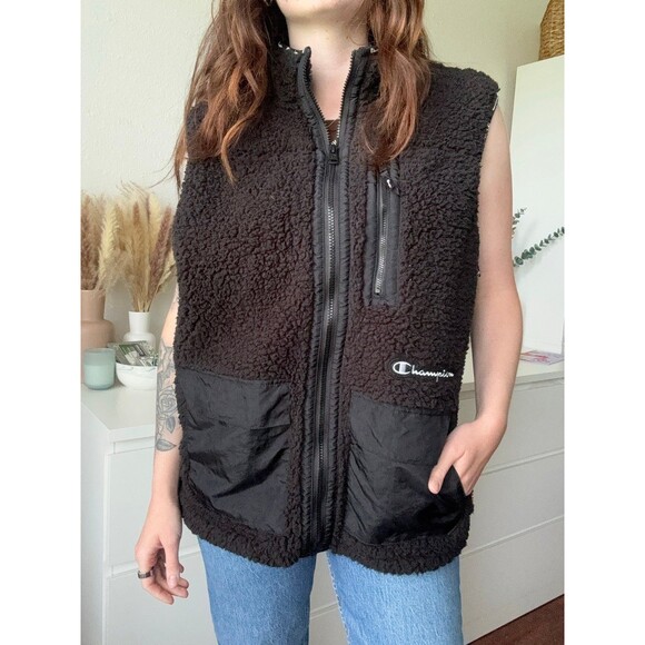 Champion | Black‎ Sherpa Zip-Up Vest | Cozy Fleece Layer | Size Large - Picture 1 of 9